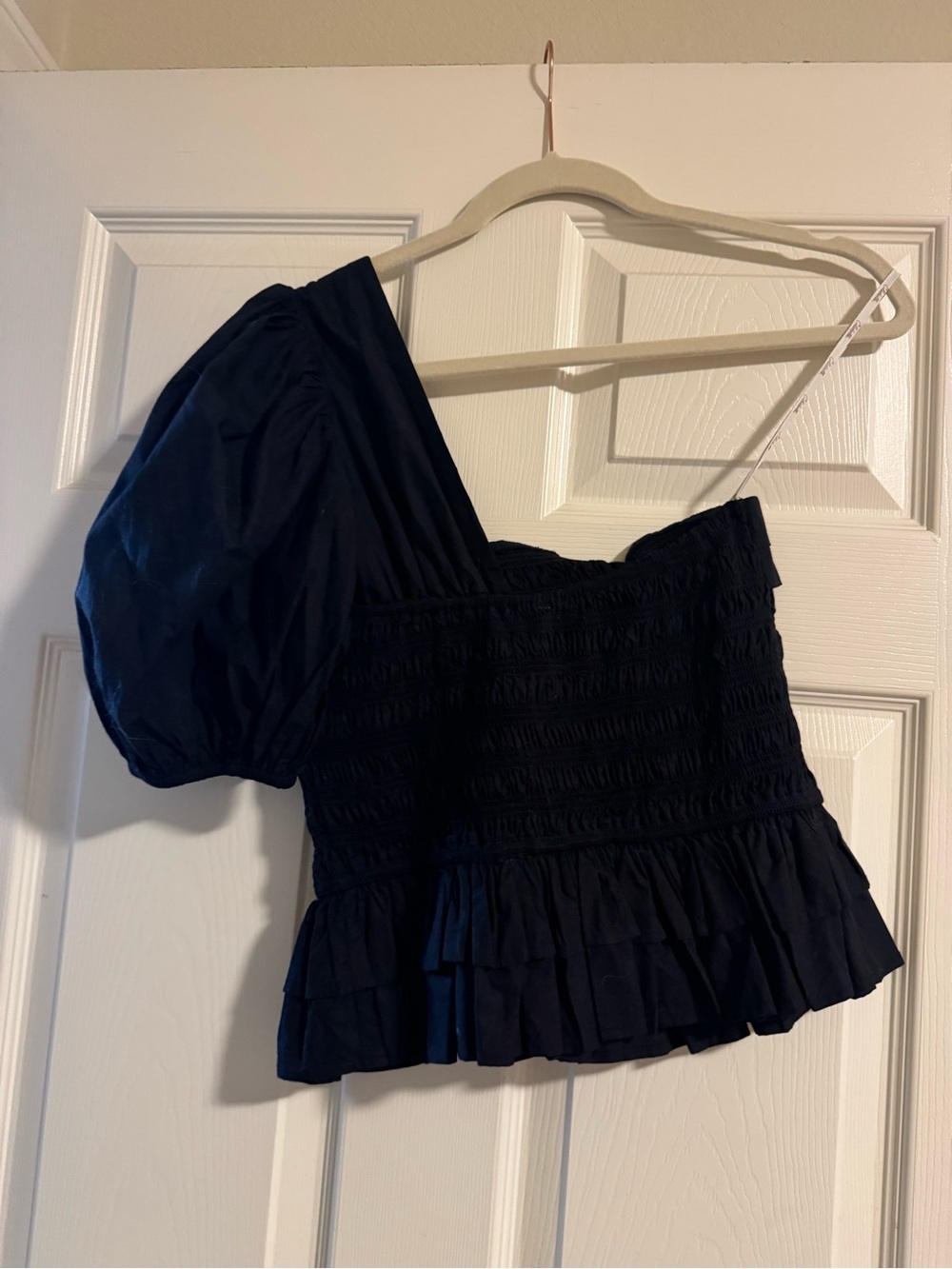 Women's One-Shoulder Poplin Ruffle Top - Picture 6 of 6